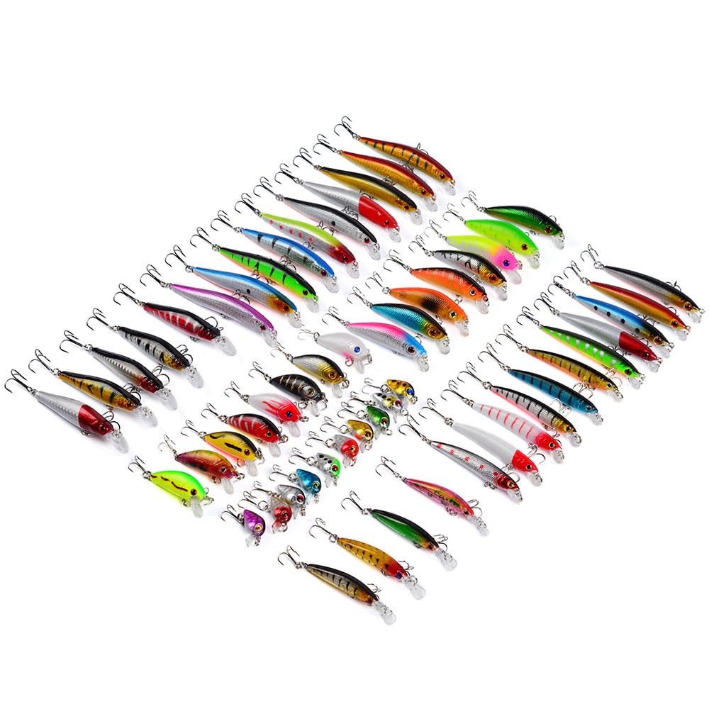 Kit de 56 leurres de pêche Souples et durs avec hameçons pour la pêche en Eau salée et en Eau Douce, au Bar, à la Truite, au sébaste et au Bar