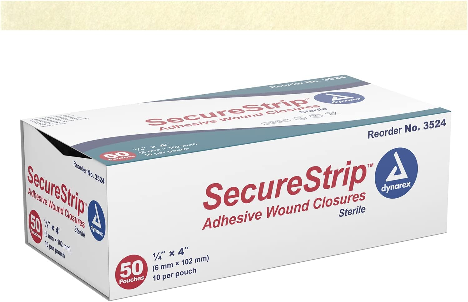 Dynarex Wound Closure Strips - Sterile, Provides Sterile Support to Small Cuts & Skin with Sutures, Stitches, & Staples and Aftercare, White, 1/2” x 4” - 1 Box of 50 Strips