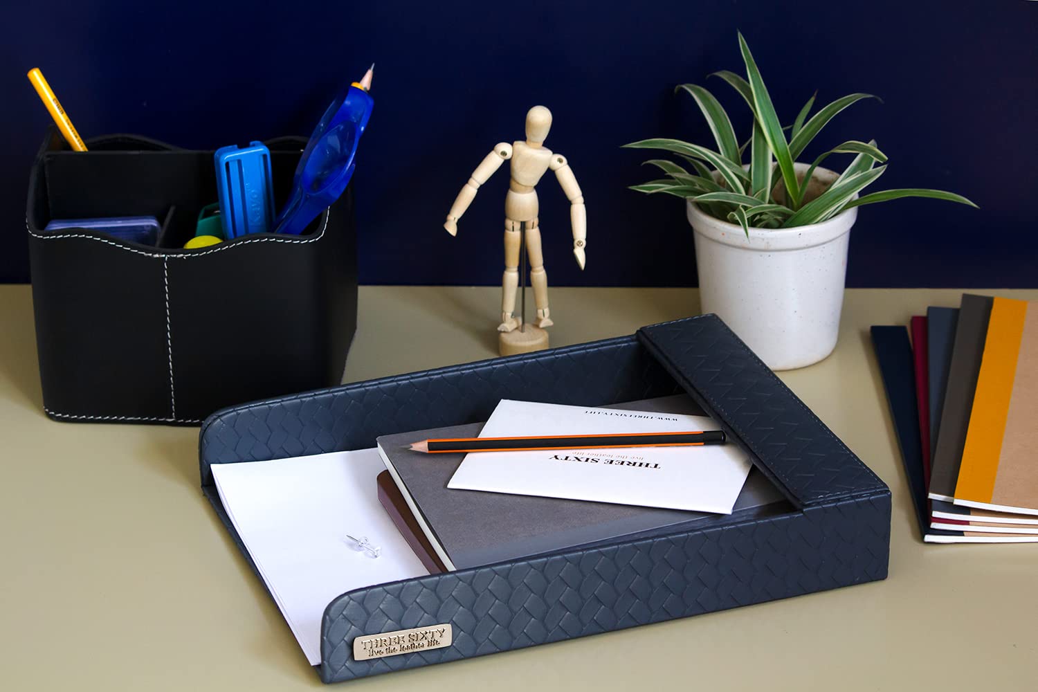 Three Sixty Vegan Leather Paper Organizer / Tray from Our Entwine Collection for Office Desk Organizer, Home Storage, Document File, Tray for Storage - Size:12x8.5 x 2 inches (Grey)