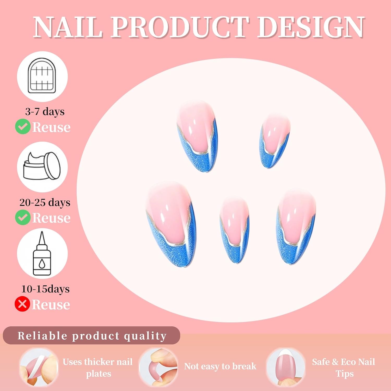 24Pcs Blue French Tip Press on Nails Medium Almond Glitter Fake Nails with Gold Curve Line Designs Blue False Nails Acrylic Artificial Spring Summer Stick on Nails Manicure Kit for Women 24Pcs