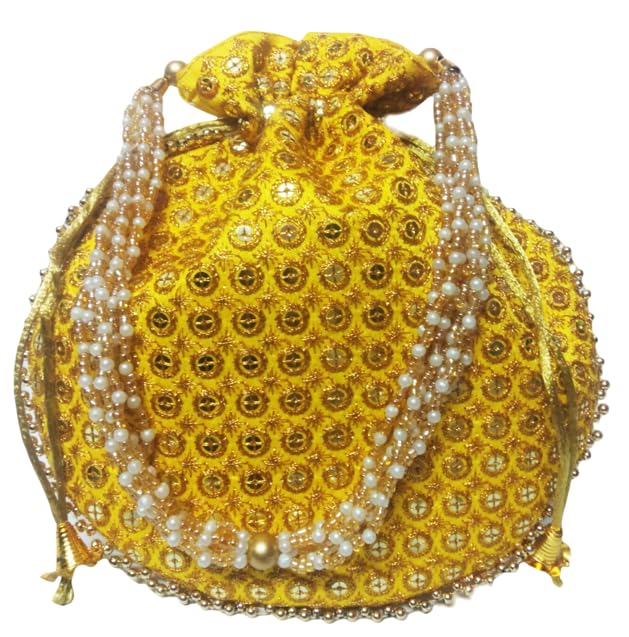 Image of Potli Bag Golden work wedding potli for ladies Gift for women handbags traditional Indian Wristlet with Drawstring Ethnic Embroidery Fashion Potli.