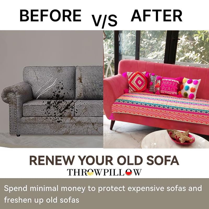 Image of WWW.THROWPILLOW.IN Rainbow Festive Sofa Cover with Corner Tassels Colourful Home Decoration 5 Seater Sofa Cover -Anti Slip Sofa Cover 3 Seater and 2 Seater-Set of 2 Seat Covers- (3+2 Seater)