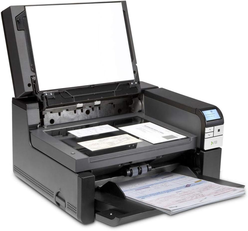 Kodak i2900 Scanner with the flatbed open, showing documents placed on the glass