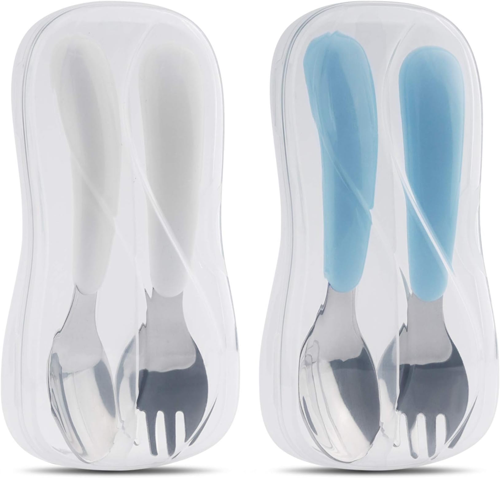 Kirecoo 2 Set Toddler Utensils, Toddler Forks and Spoons, Stainless Steel kids Silverware Set, Designed for Self Feeding Flatware Utensils with Travel Carrying Cases BPA Free (White & Aqua)
