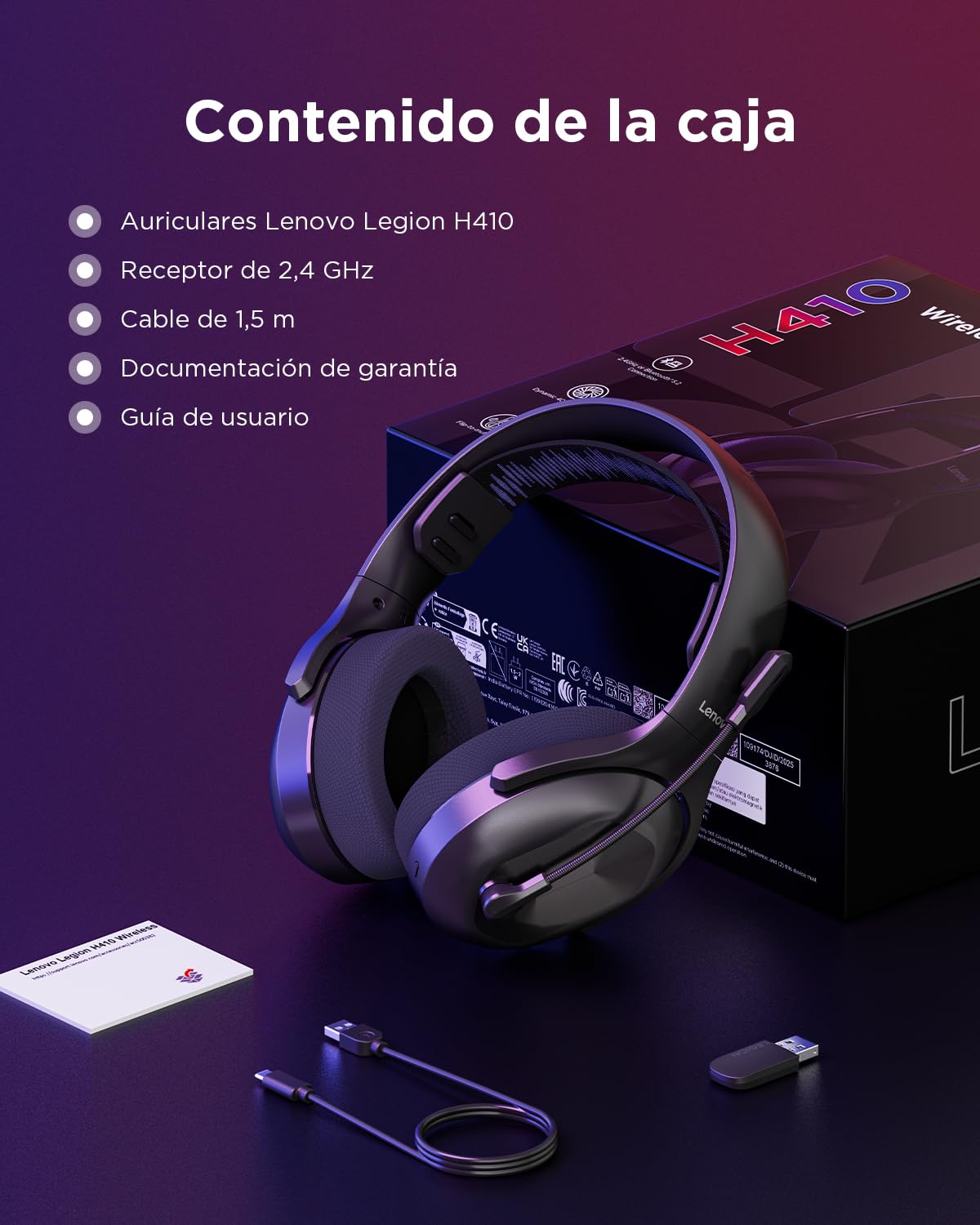Lenovo Legion H410 - Auriculares Inalámbricos Gaming (Giratorios 90°, Ajustables, Receptor USB-A, BT 5.2, Compatible con PC, Legion Go Series, Otras Consolas) Negro