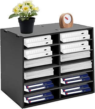 Desktop Literature Organizer File Holder Office Mailbox, Paper Organizer, Mail Sorter Organizer Magazine Holder, Paper Storage Cabinet Classroom Keepers for Office Home School 12 Compartment-Black