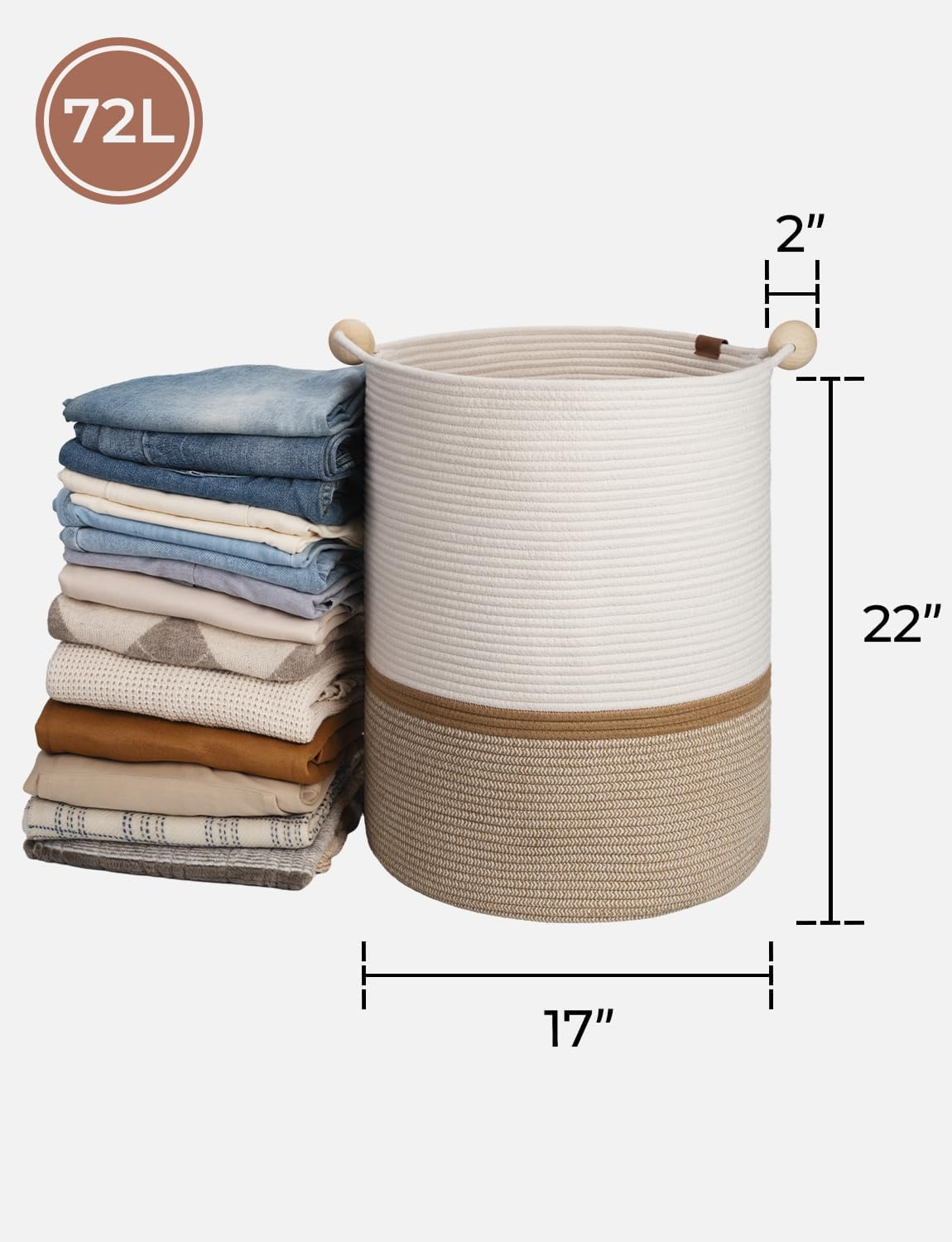 StorageWorks 72L Cotton Rope Laundry Basket with Wooden Beads Handles, Woven Basket for Storage, Dirty Clothes, Kids Toys, Towels, White & Khaki