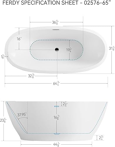 Miniatura 36 de FerdY Bali - Bañera de acrílico independiente, bañera de inmersión independiente con forma graciosa, certificado CUPC blanco brillante, drenaje