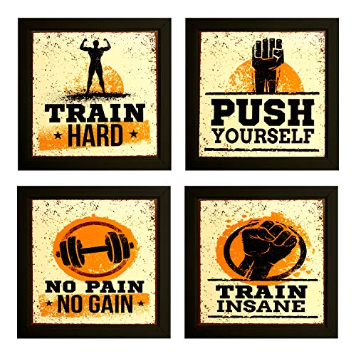 Image of Indianara Set of 4 Fitness Gym Motivational Quotes Paintings (2147) without glass 9.5 x 9.5 inch each