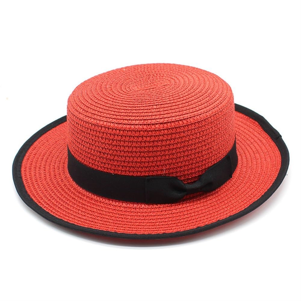 Amazon.com: Summer Straw Hat Bow Black Binding Flat Top Sun  display picture 3