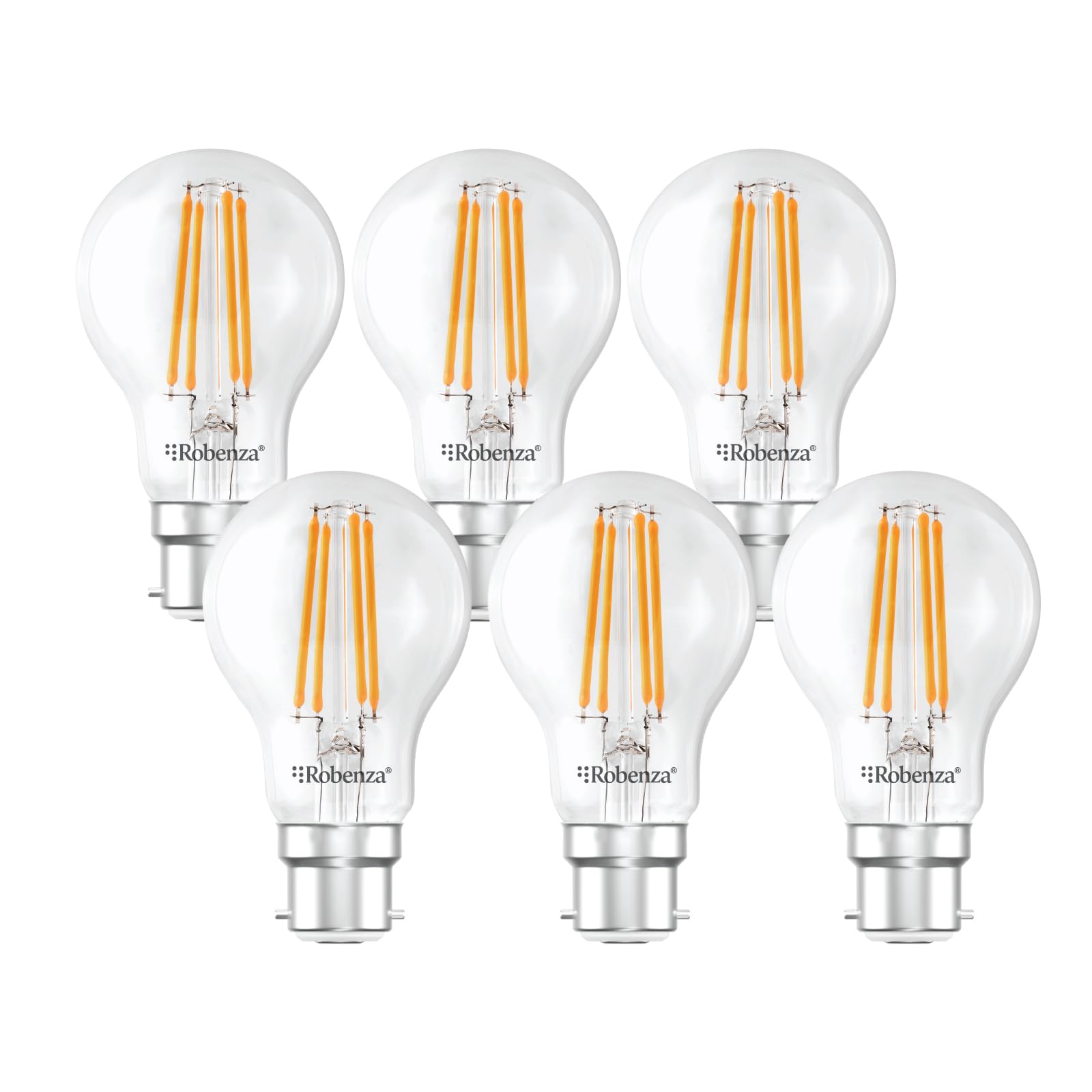 Robenza B22 LED Filament Light Bulbs – 7.3W (60W Equivalent) 806 lumens, Warm White 2700K, Clear GLS Large Bayonet LED, Long Life, Energy Saving Decorative Ceiling Light Lamp – Pack of 6 — image 1