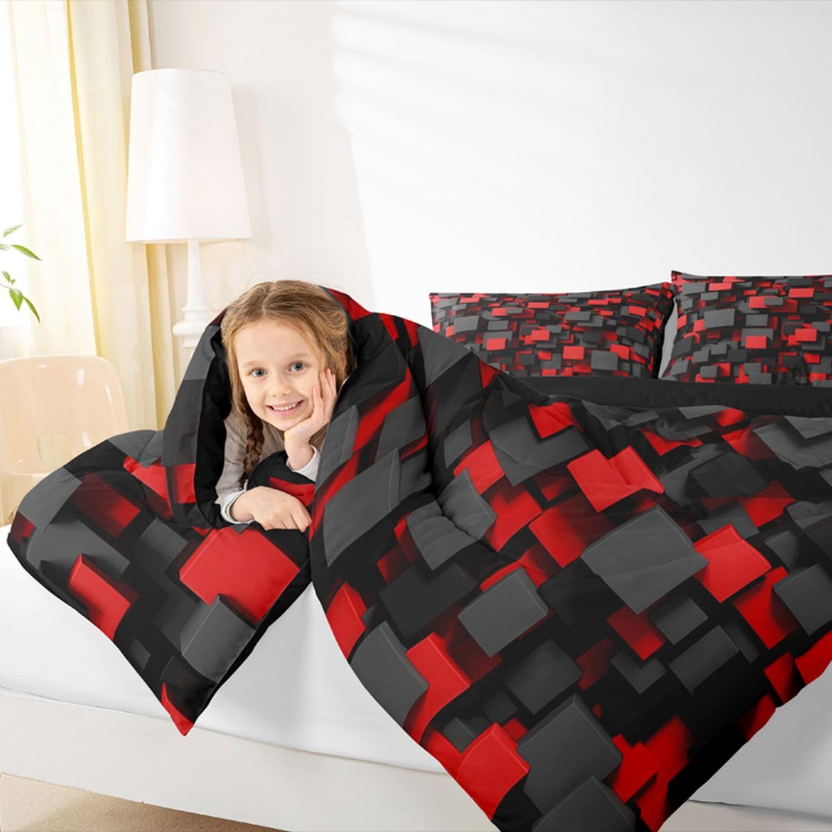 Homemissing Dzieci czerwony czarny zestaw pościeli king size geometryczna kołdra kołdra dla chłopców dziewcząt nastolatków sypialnia dekoracja abstrakcyjna nowoczesna oddychająca miękka mikrofibra