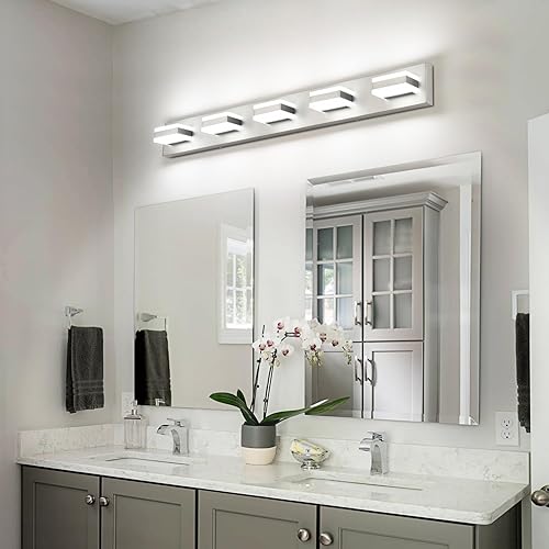 Miniatura 9 de SOLFART Lámpara de tocador de baño de 5 luces de níquel cepillado para tocador de baño sobre espejo, luces LED para baño, níquel