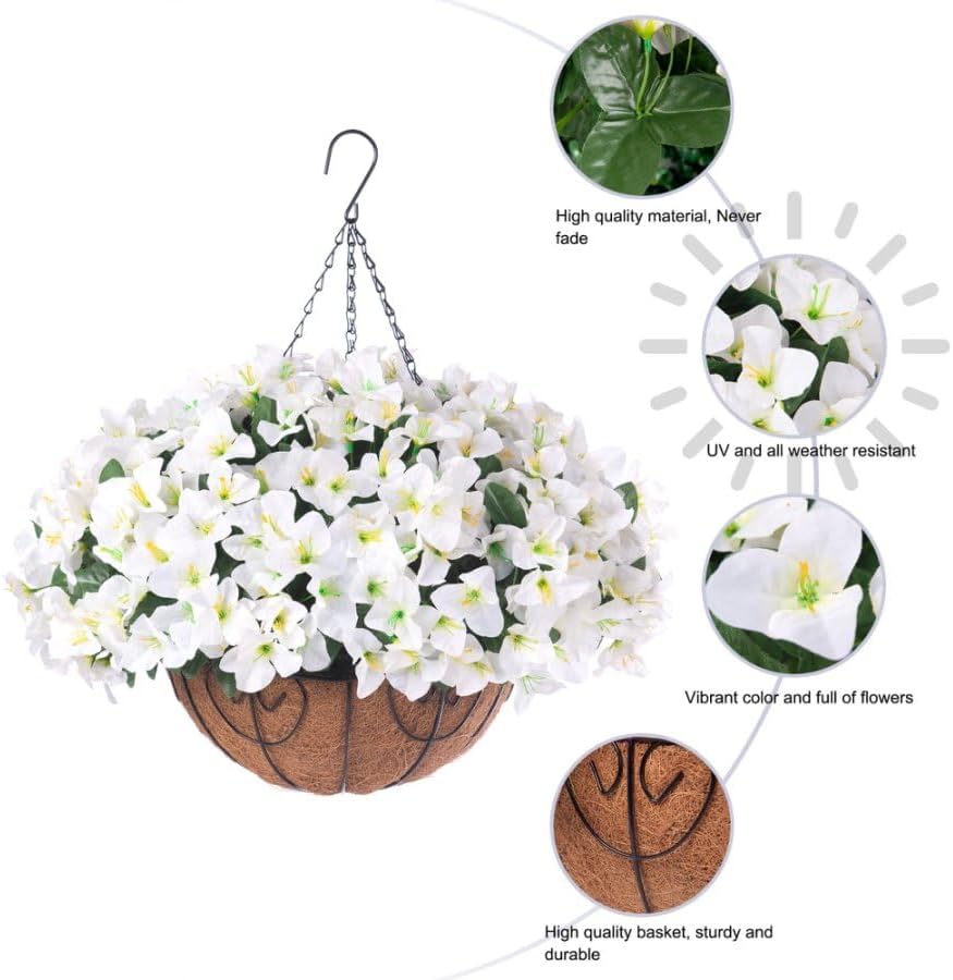 Artificial Hanging Flowers Faux Plants Basket for Outdoors Spring Summer Decor, Fake Silk Bougainvillea in Planter Outdoor Look Real UV Resistant Faux Flower for Outside Porch Patio Garden Home, White - Image 8