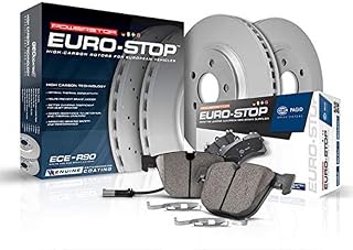 Power Stop ESK7175 Euro-Stop Front Brake Kit- Coated Brake Rotors & Ceramic Brake Pads For Audi A3 Quat, Audi Q3, Audi S3, VW Arteon, VW CC, VW GTI, VW Golf R, VW Jetta, VW Tiguan [Model Specific]