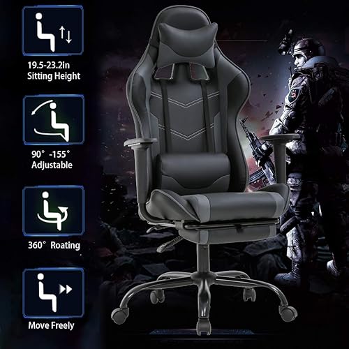 Vista 7 de BestOffice Silla ergonómica para juegos Gris Silla de computadora reclinable con soporte lumbar, reposacabezas acolchado, reposapiés