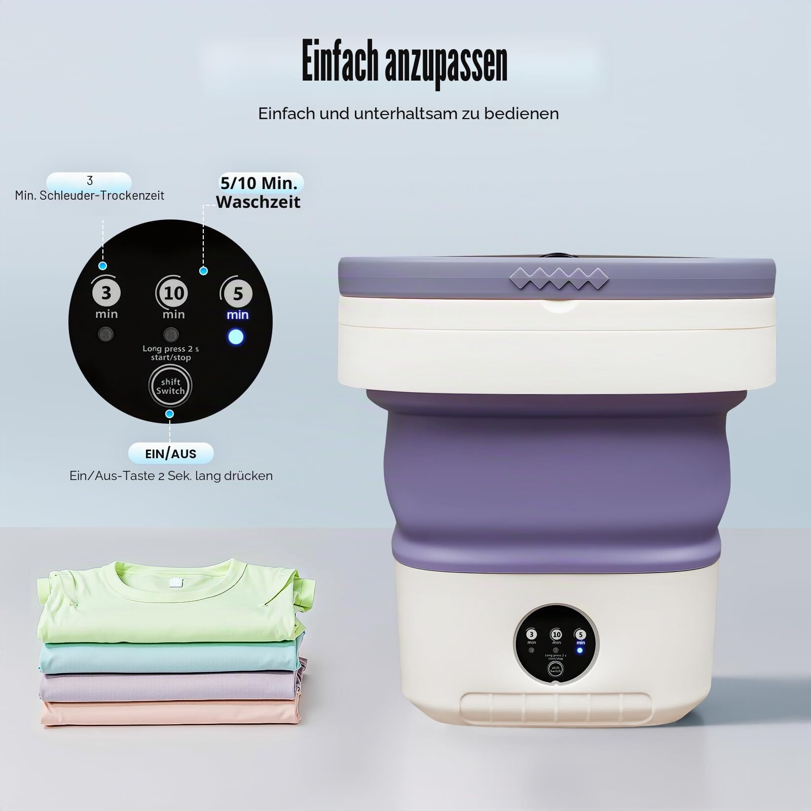 Faltbare Mini-Waschmaschine, 12L Waschmasch, 3 Waschprogramme, Miniwaschmaschine, Washing Machine, Reisewaschmaschine, Blaulichtfunktion, Für Unterwäsche Babykleidung Socken (Lila)