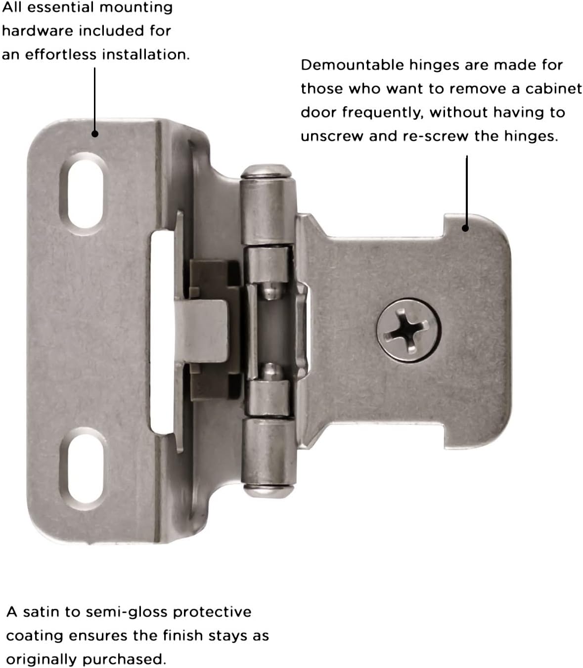 Hickory Hardware P5313-BI-10B Single Demountable Hinge - 1/2 Inch Overlay Self Closing Feature with 170° Opening Face Frame | Cabinet Hardware Hinge - Easy Installation Black Iron Finish 10 Pairs