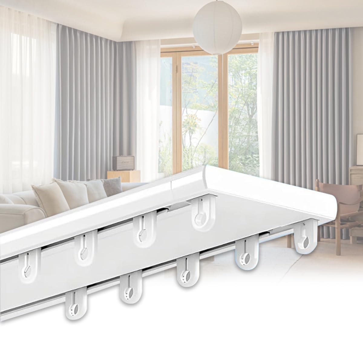 Cichy system szyn z podwójną zasłoną, wytrzymały aluminiowy uchwyt sufitowy, podwójna szyna, 3,4 m, zestaw draperii z haczykami do sypialni i hotelu (biały)