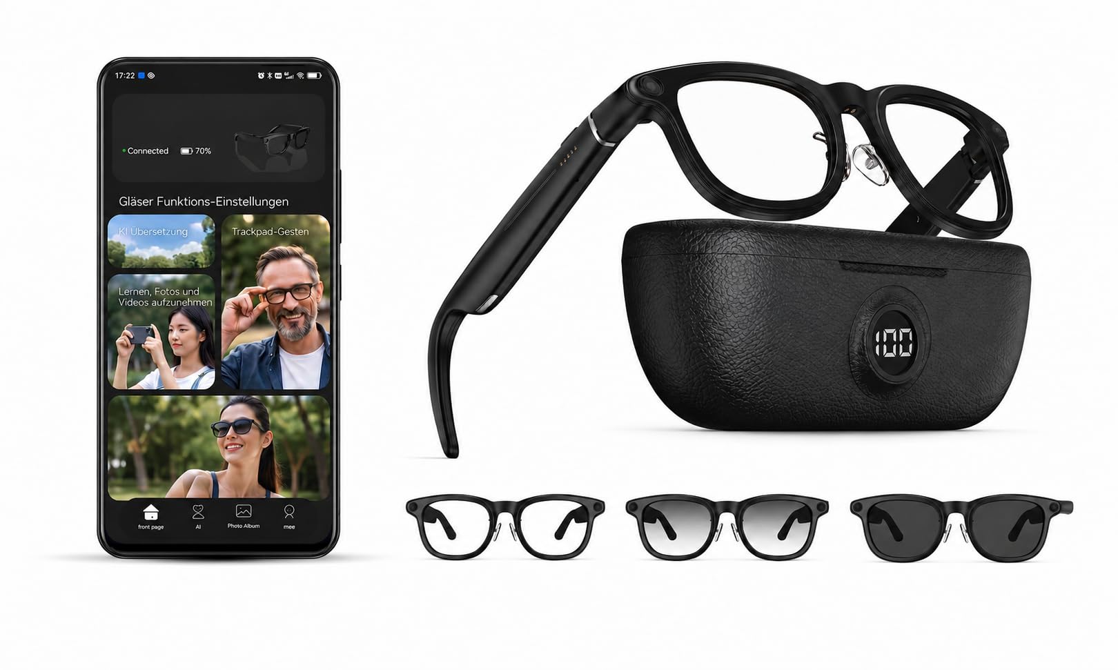 Smart Glasses - Occhiali KI, Assistente Vocale ChatGPT, Traduzione in Tempo Reale 89 Lingue, Fotocamera 2K, Wi-Fi, Protezione UV, Impermeabile, Rilevamento Oggetti, 2 Lenti (Fotocromatiche +