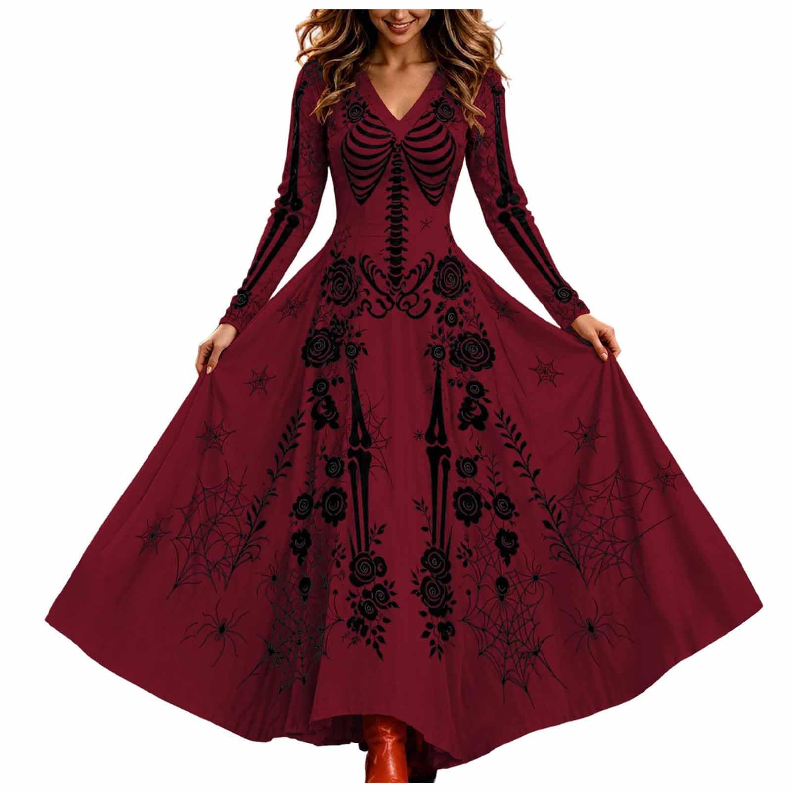 Halloween Dresses for Women UK, Skeleton Rose Maxi Dress, Gothic Costume — image 1
