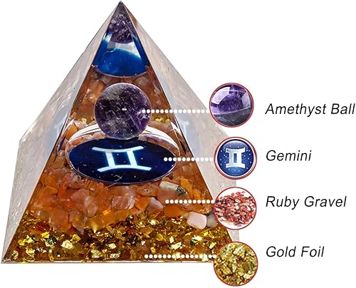 Miniatura 3 de Pirámide de cristal de orgón del zodiaco, bola de cristal de amatista natural para el zodíaco Géminis, pirámide curativa de orgón de 2 pulgadas para