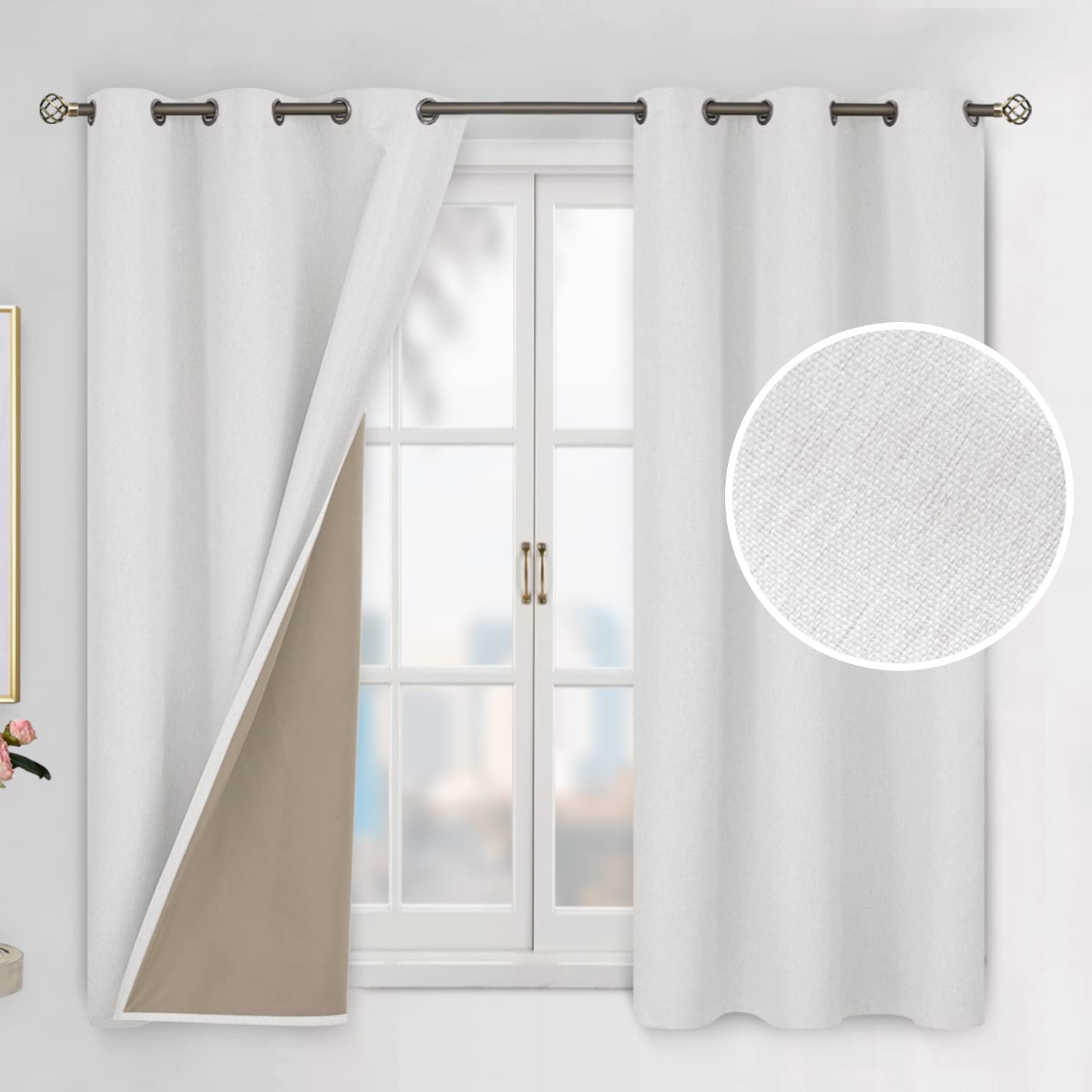 BGment Off White Blackout Curtains 45 Inch Length for Bedroom 2 Panels Set, Linen Textured Thermal Insulation Soundproof Window Curtain Drapes with Grommet, 42 Inch Wide Each Panel