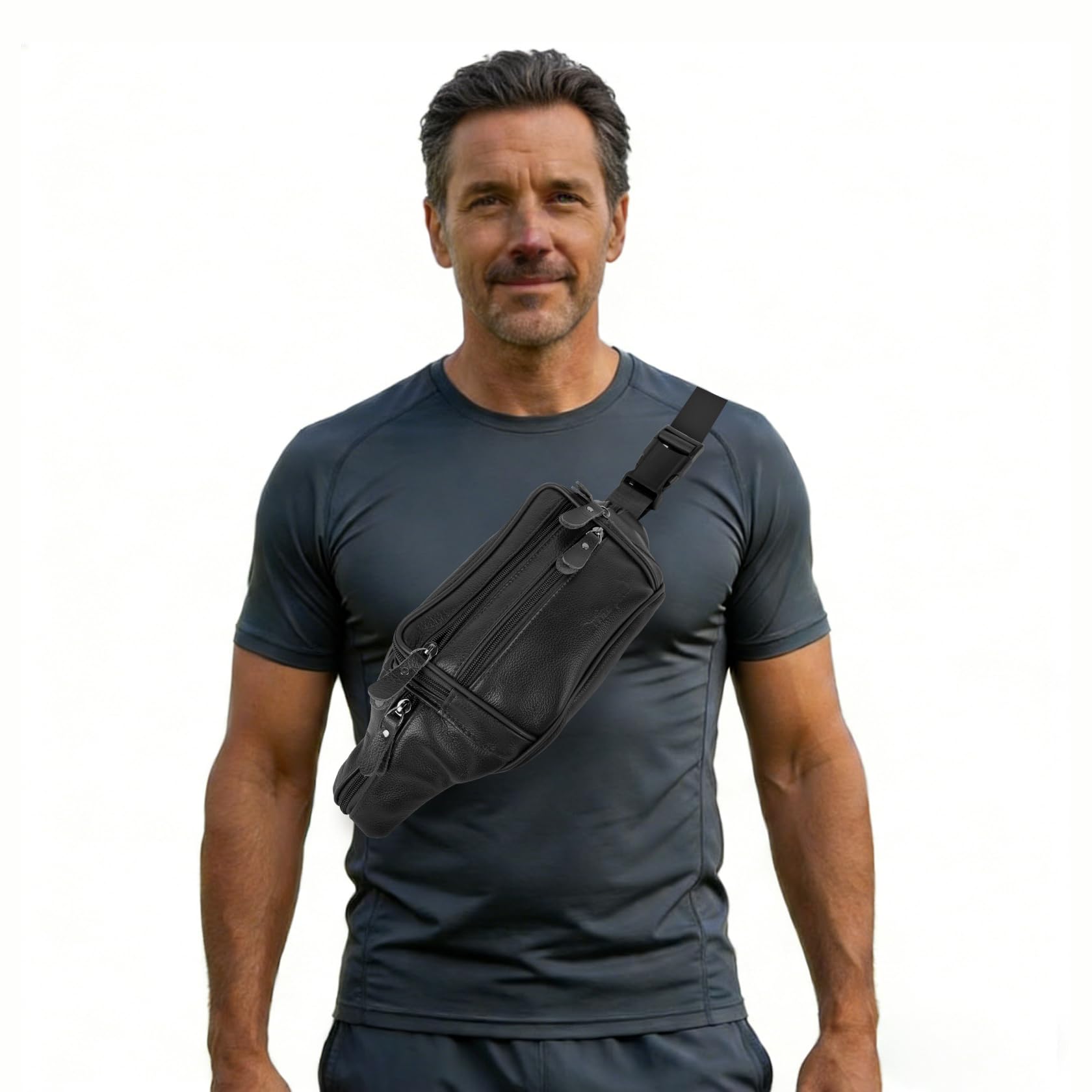 Marsupio in pelle per uomo e donna, marsupio in vera pelle con cinghia regolabile, marsupio con tasche multiple per viaggi, sport, corsa, ciclismo, escursionismo, 810#nero, 809#nero
