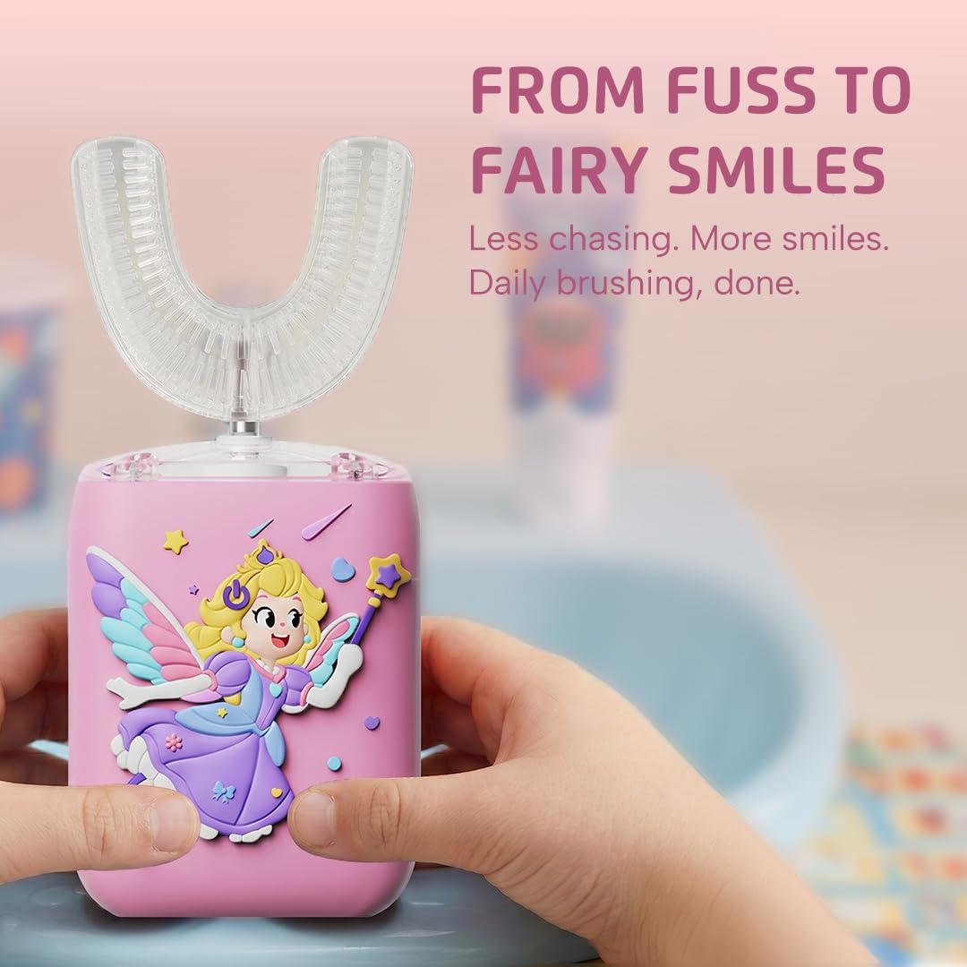 Well Before Kids U Shaped Electric Toothbrush with 5 Brush Heads, Ultrasonic, 5 Modes, IPX7 Waterproof Design (Princess, Pink, Ages 2-7) image 4