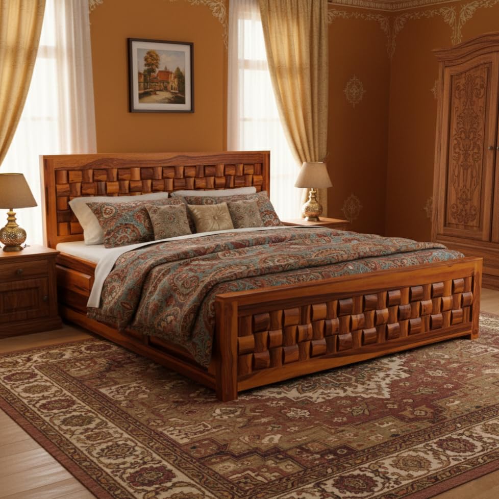 Image of Sheesham Wood King Size Bed with Storage Box | Wooden Box Bed King Size Double Cot Bed with Storage for Bedroom | Premium Niwar Design Headboard Bed for Hotel, Home | Honey Finish