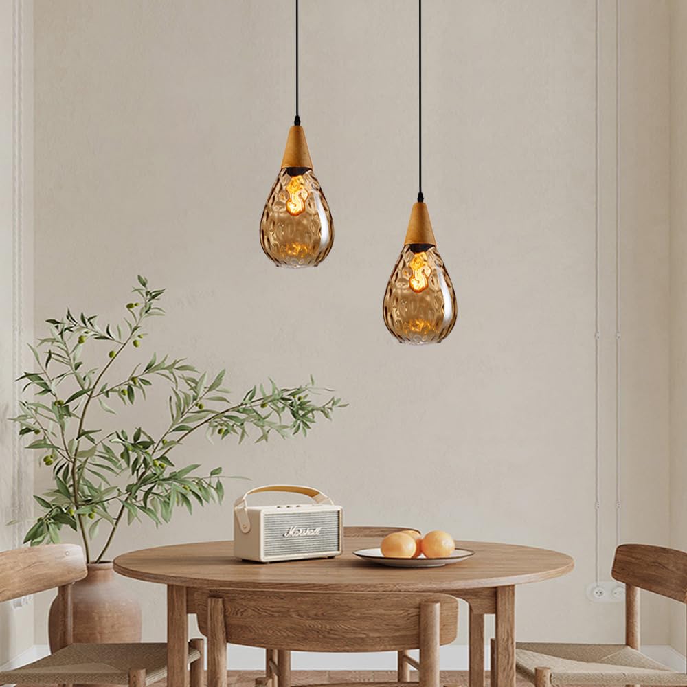 Genérico Lámpara Colgante en Forma de lágrima con Cristal Martillado, Detalles en Madera, Casquillo E27, Color ámbar.