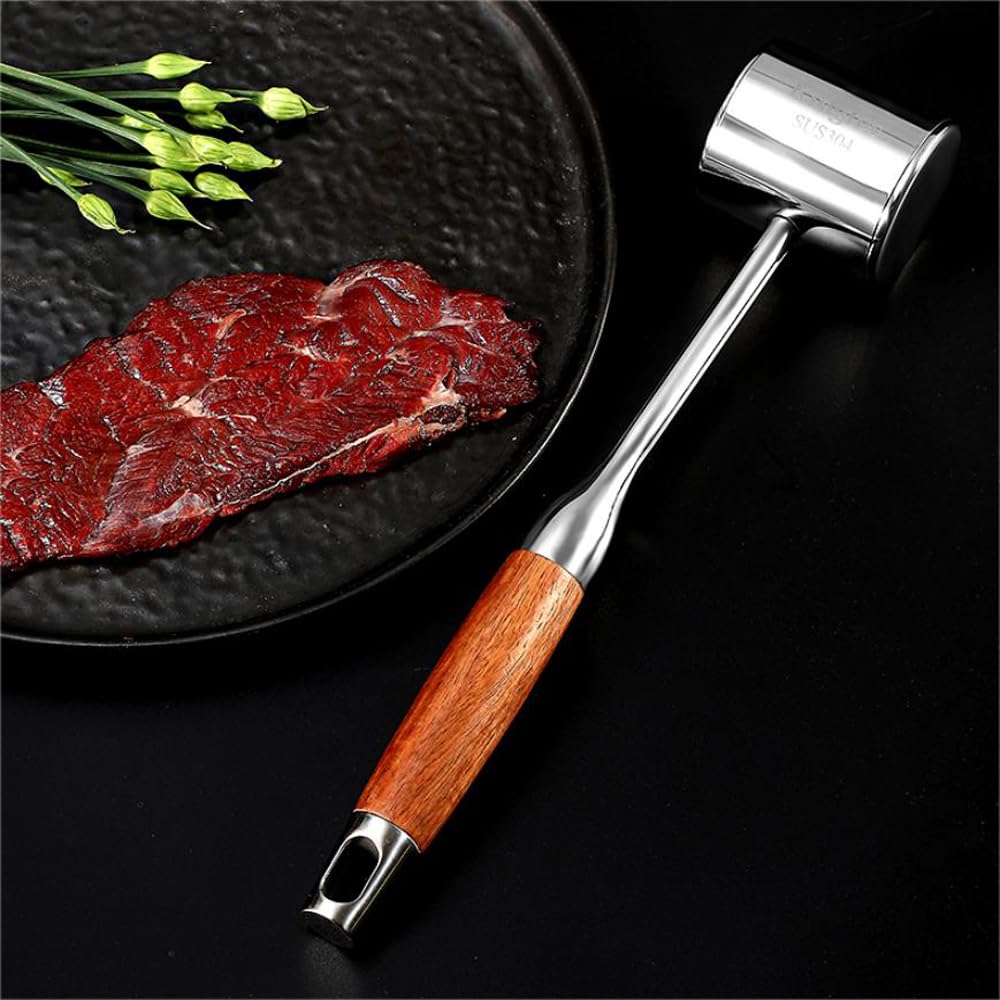 304 Stainless Steel Meat Tenderizer Mallet With Rosewood Handle - Dual-Sided Meat Hammer For Kitchen