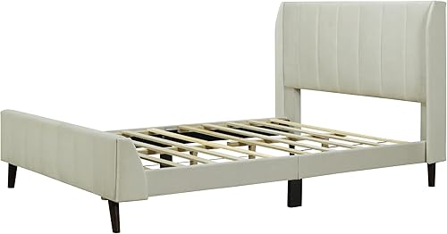 Miniatura 5 de WOXYX Base de cama tapizada de terciopelo de tamaño matrimonial con cabecero y listones de madera fuertes, color beige