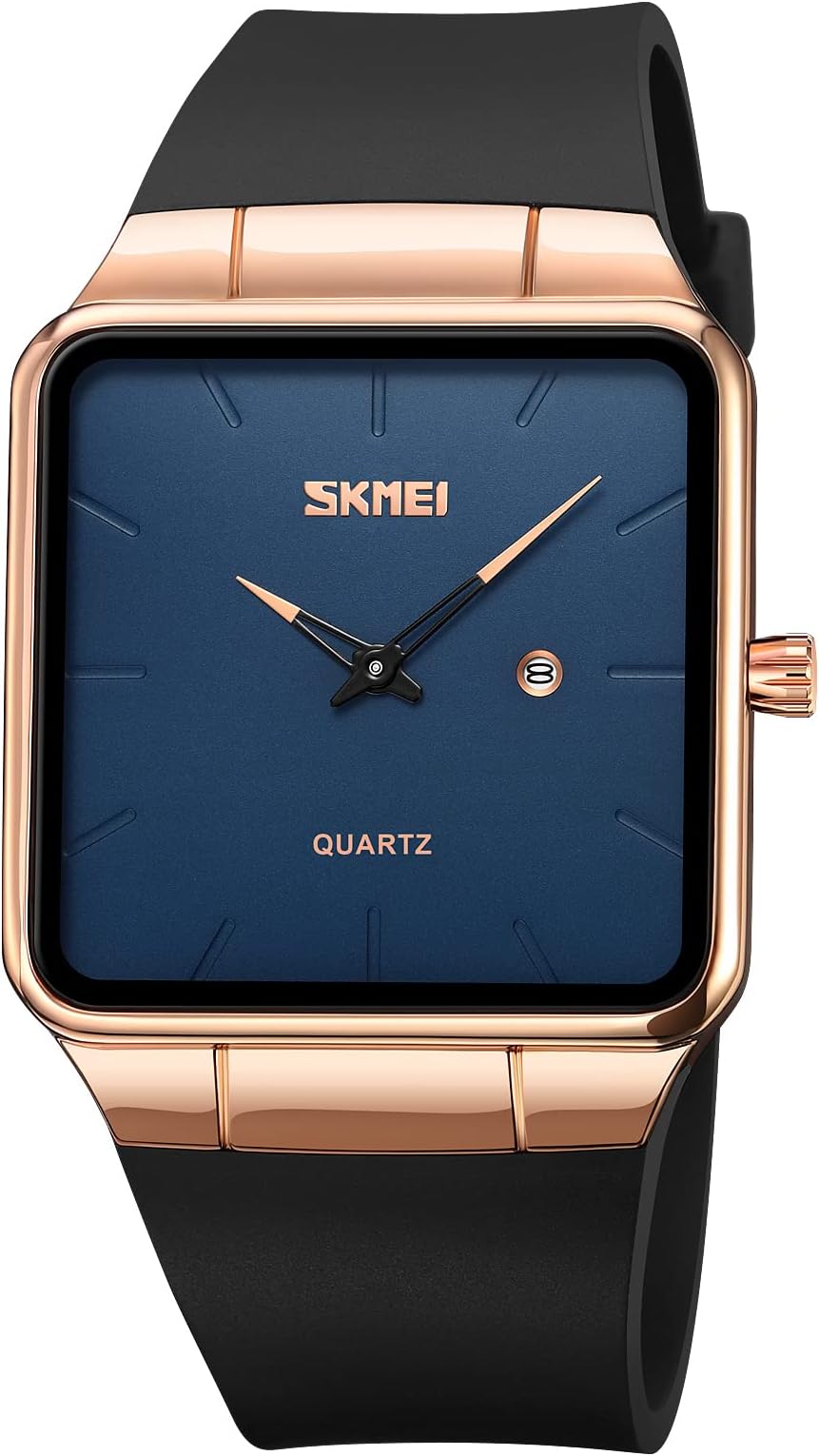 SKMEIUnisex Fashion Square Watch Quartz Analog Watch with Date Water Resistant Watch for Men Women - 1961 (Rose Gold, Blue Dial)