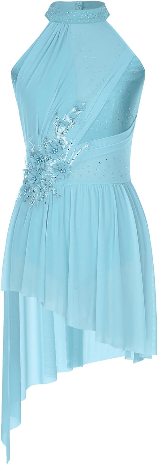 Applique Lyrical Dance Dress for Women Halter Strappy Leotard High Low Flowy Skirt Contemporary Dance Costume