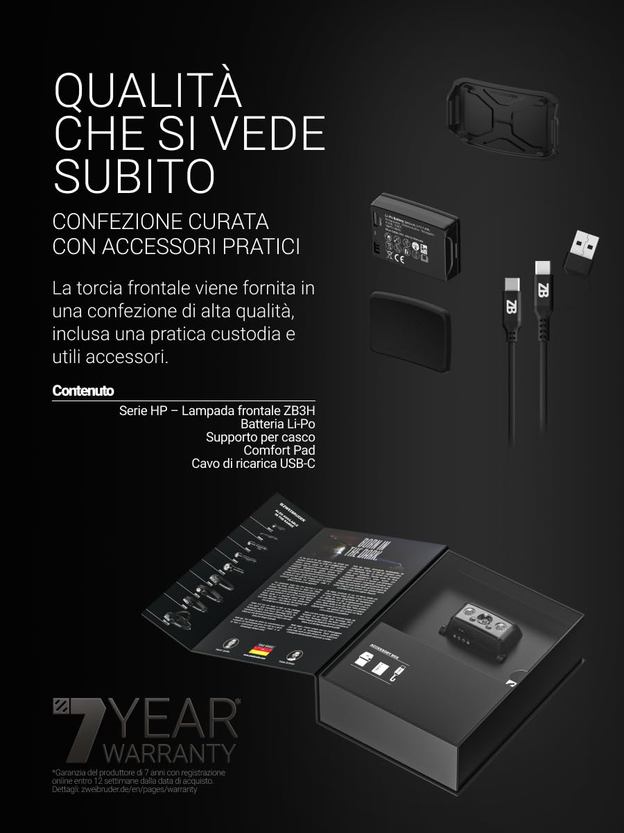 Zweibrüder ZB3H Torcia Frontale LED 600 Lumen – Lampada Frontale Ricaricabile USB-C con Digital Focus, Luce Rossa, MOT Multiple Optic Technology, Leggera e Regolabile, Ideale per Outdoor e Camping