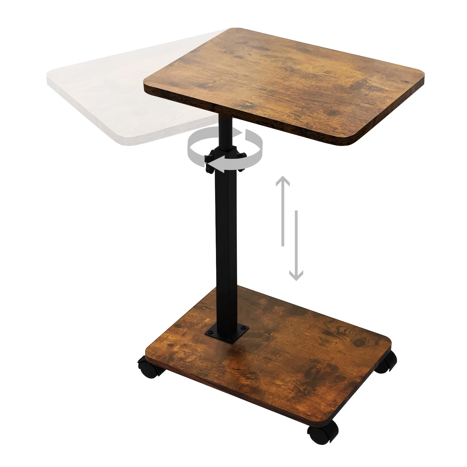 SEHAUSEU Side Table Sofa Tray for Couch with Rolling Wheels, TV Tray Table with 360°Rotatable Adjustable Height, C Shaped End Table for Living Room,