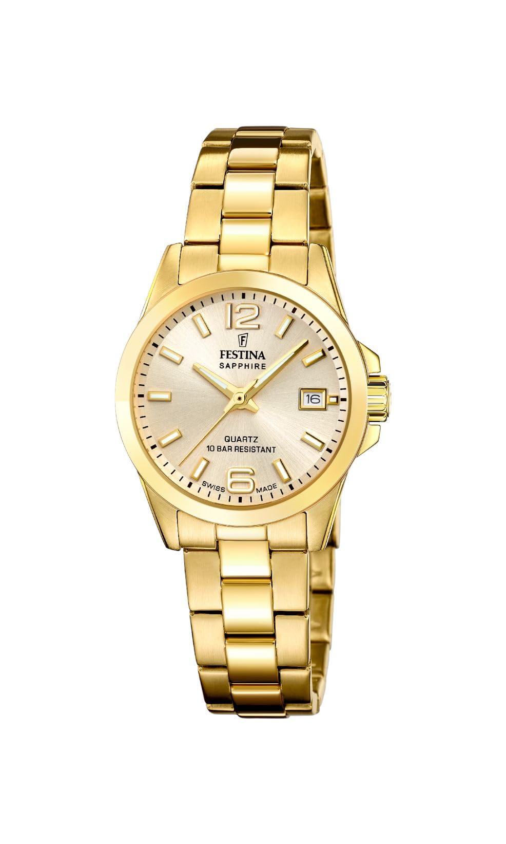 Festina Damenuhr F20050/2 – Swiss Made Classics, Edelstahlgehäuse in Gold, Edelstahlarmband, Beige Zifferblatt, Quarz, 10 Bar wasserdicht