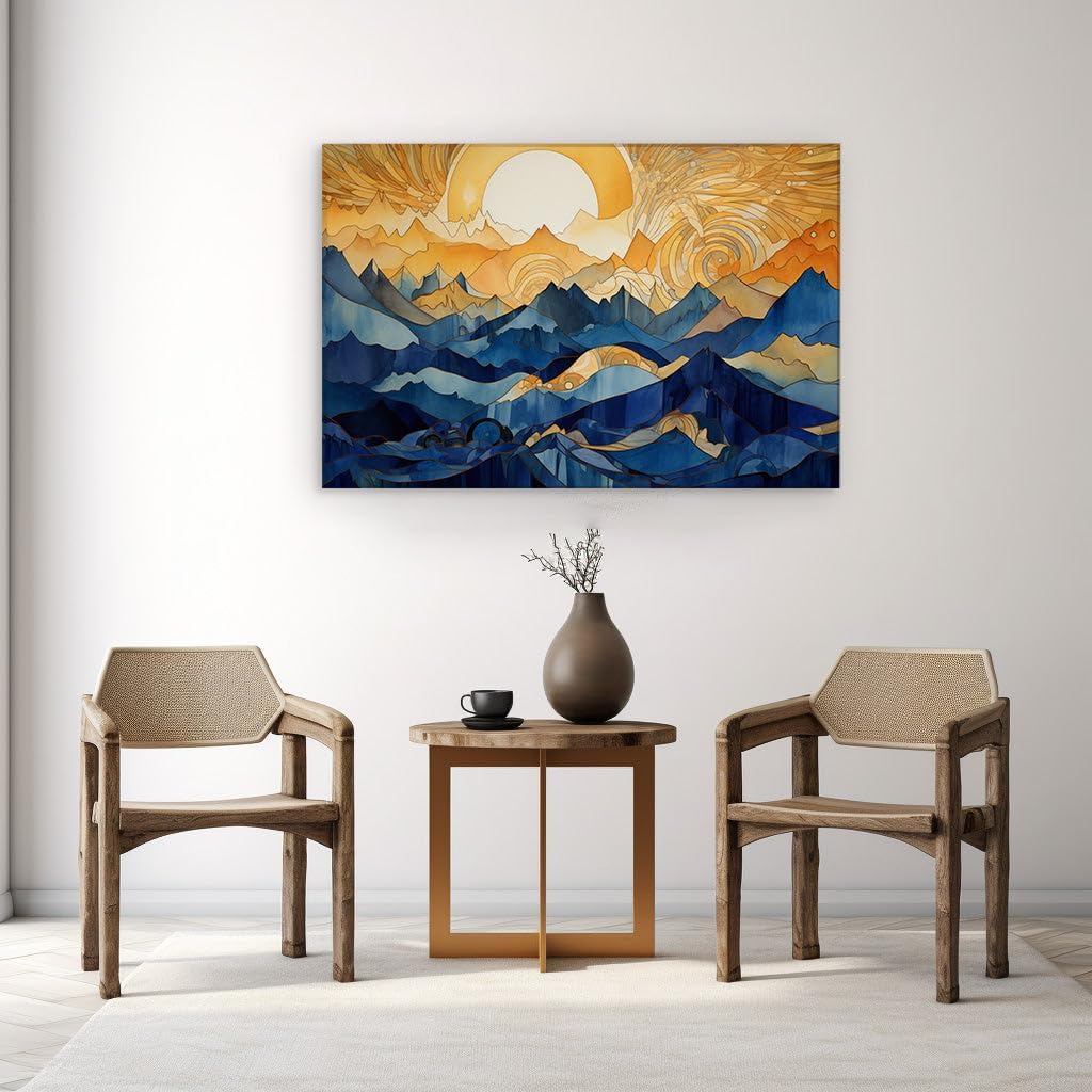 Canvas for Living room. Majestic Vistas: Envisioning a Fantastical Blue Mountain Landscape Bathed in Golden Sunlight, 27 x 18 inch Canvas Wall Art - Contemporary Masterpieces - Modern Home Decor