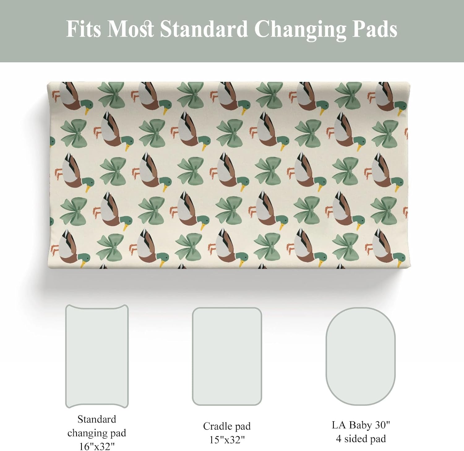 Green Duck Bows Baby Changing Pad Covers for Boys Girls Mallard Ducks Green Bows Fitted Change Table Covers Mats Hunting Ducks Bird Soft Diaper Changing Table Sheets for 32''×16'' Contoured Pad