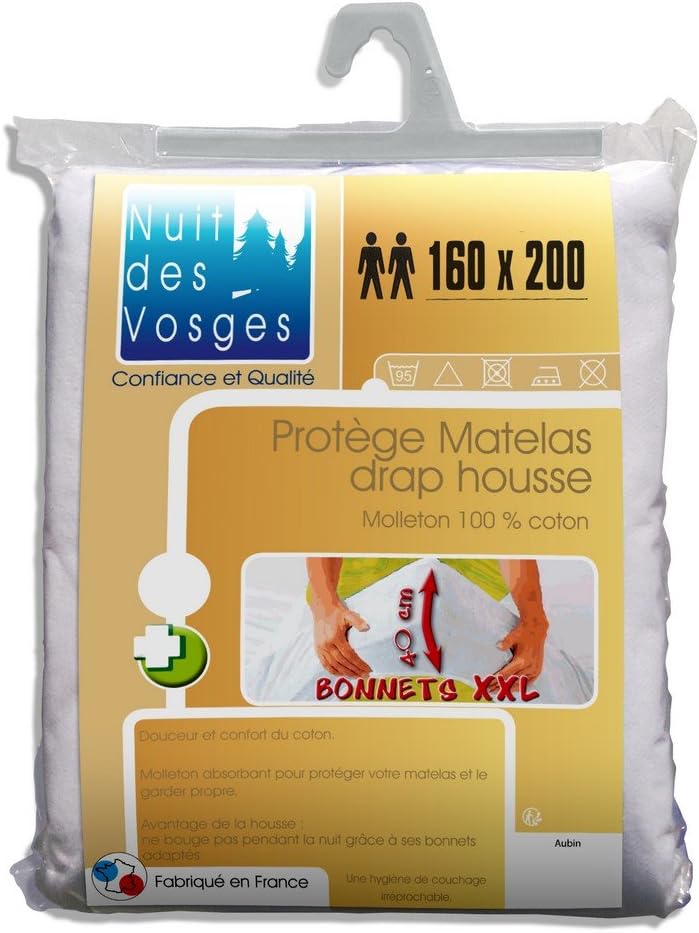 Night of the Vosges Aubin Protect Mattress Cover Absorbent Cotton Fitted Sheet 160 x 200 cm White, 160x200 cm