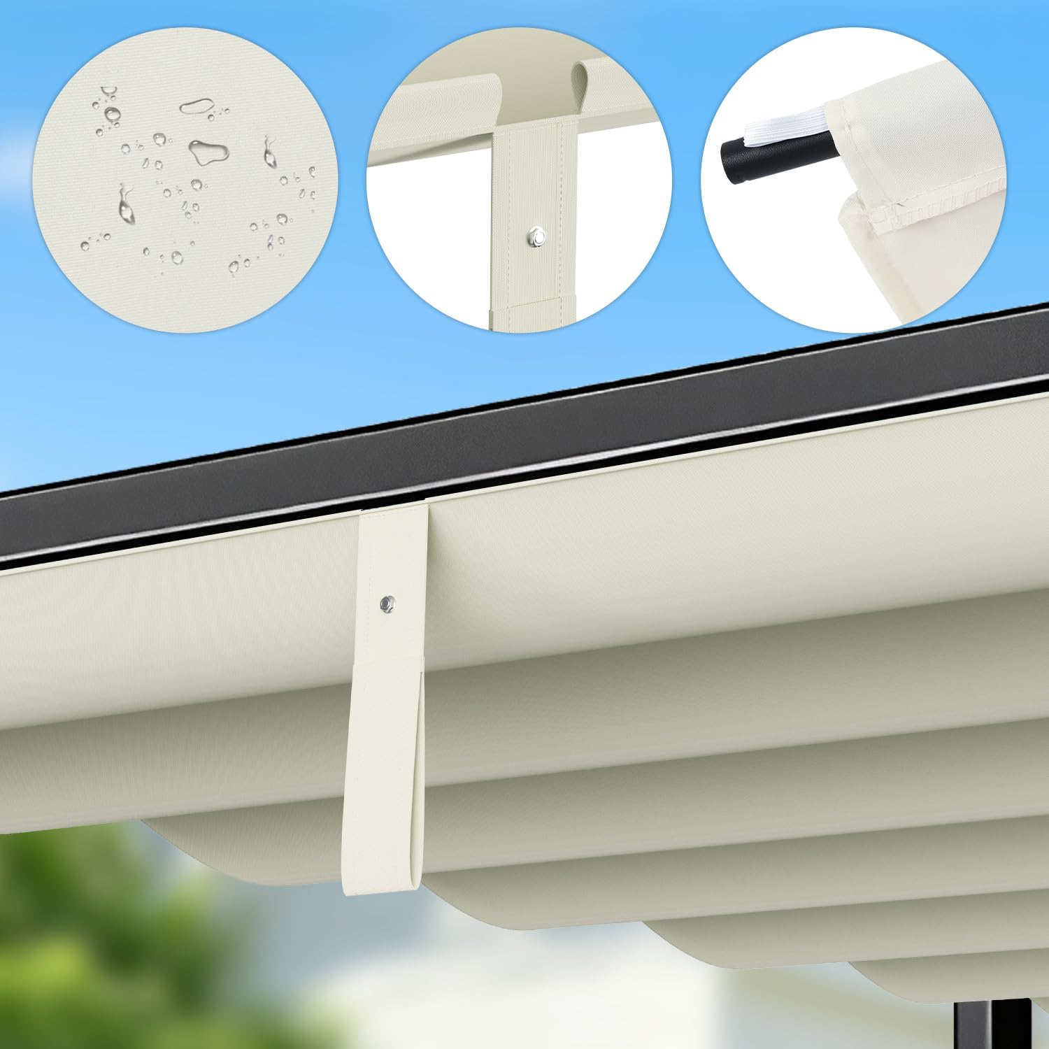 Ersatzdach für 3.65 x 4.85 m Pergola,wasserabweisend einziehbar Welle Überdachung,UV-Schutz 50+, NUR Schattenabdeckung 350 x 423 cm,Wetterfest,Sonnenschutz für pergola,Garten,Cremeweiß