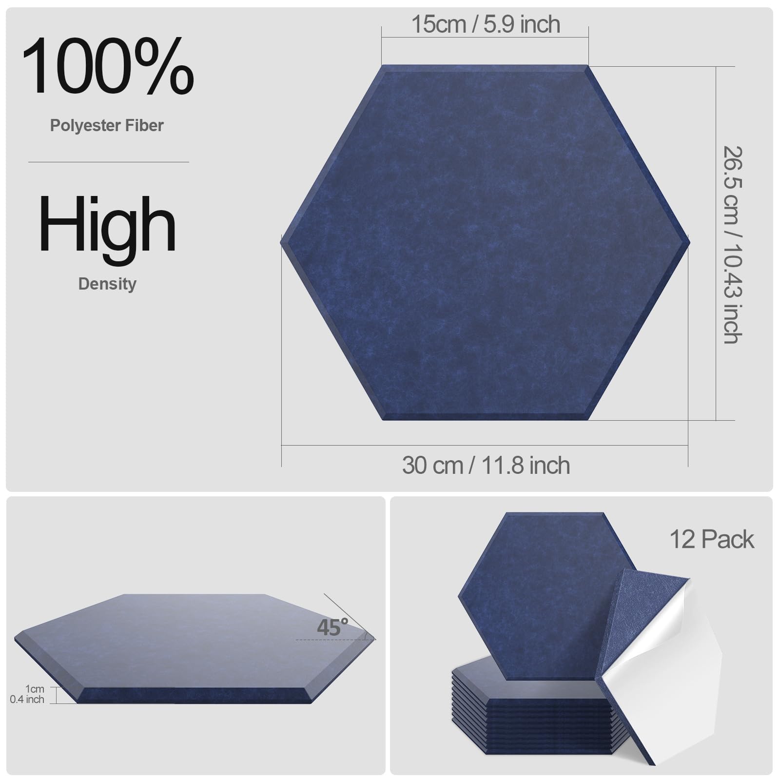 JBER 12 Pack Pannelli acustici esagonali, schiuma autoadesiva a prova di suono, 30 X 26 X 1cm Pannelli acustici da parete ad alta densità per studio, ufficio (blu scuro)