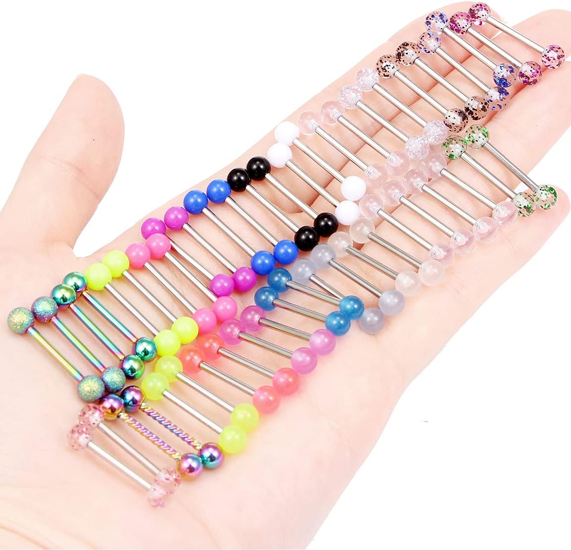 Oufksiyy 48PCS 14G 16mm Tongue Nipple Ring Surgical Steel Straight Barell Glow in The Dark Acrylic Metal Tongue Nipple Rings Retainer Piercing Jewelry 24 Pairs for Women Men