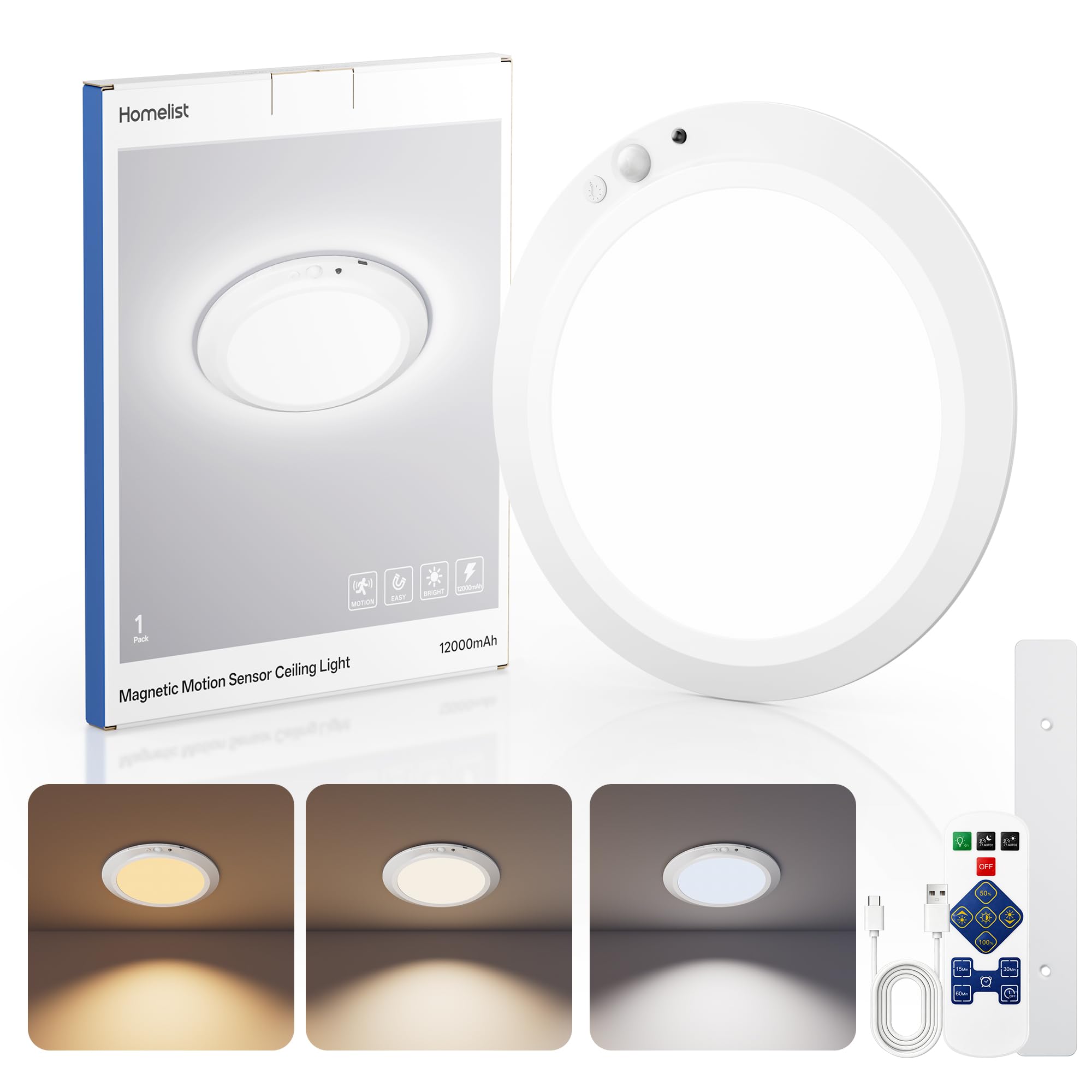 Homelist 12000mAh Rechargeable Motion Sensor Ceiling Light, Magnetic Wireless LED Ceiling Light, 3 Colours Dimmable Remote Battery Operated Wall Lights, Bathroom Garage Loft Shed, Seniors Kids, 1 Pack