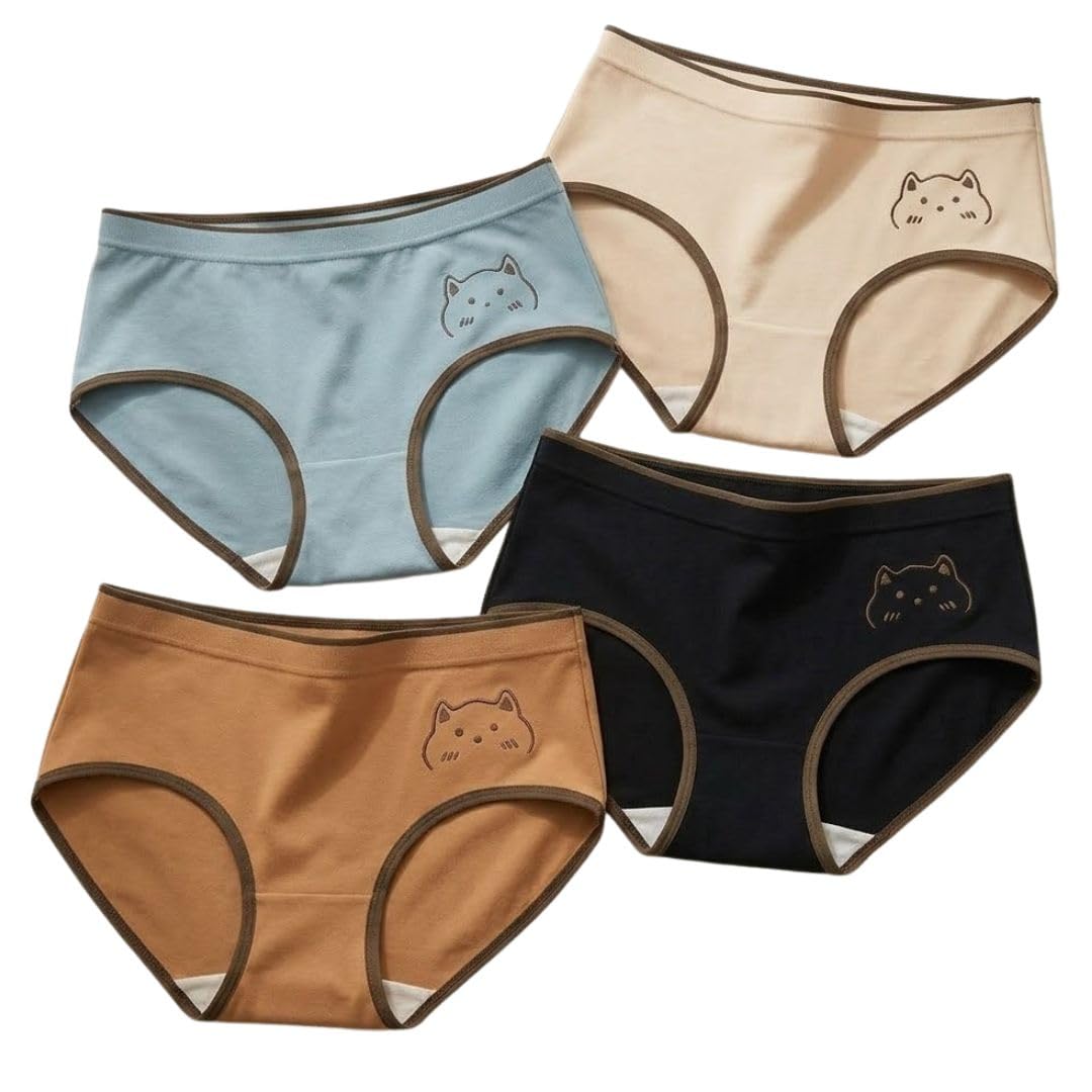 Women's Cotton Blend Printed Bikini Panties | Soft Skin Friendly Mid Waist Innerwear with Cute Cat Design Pack of 4 (Multicolor)-image-4