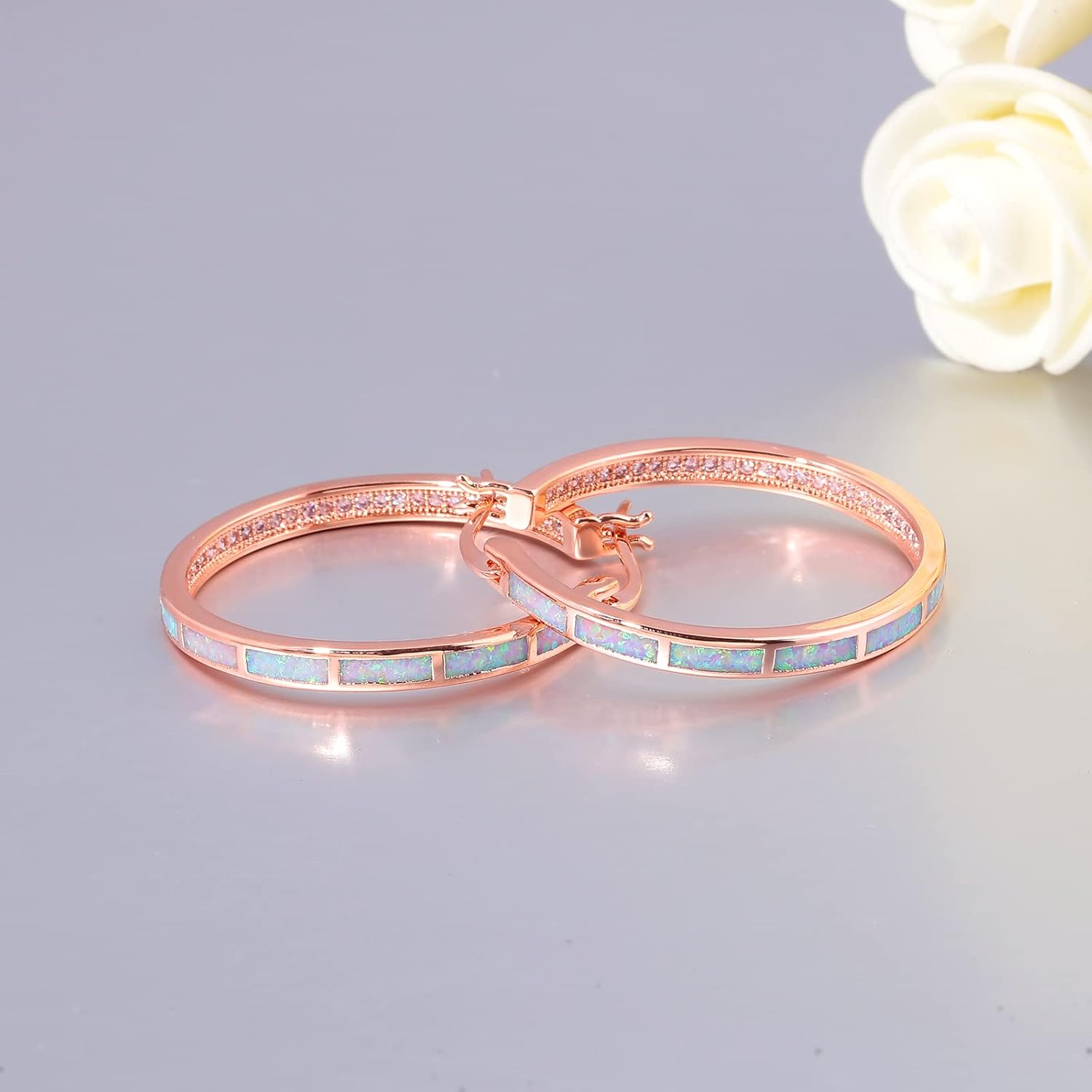 CiNily Opal Hoop Earrings,Women Jewelry Rhodium Plated/Rose Gold or Yellow Gold Plated Gemstone Big Hoop Earrings 32mm