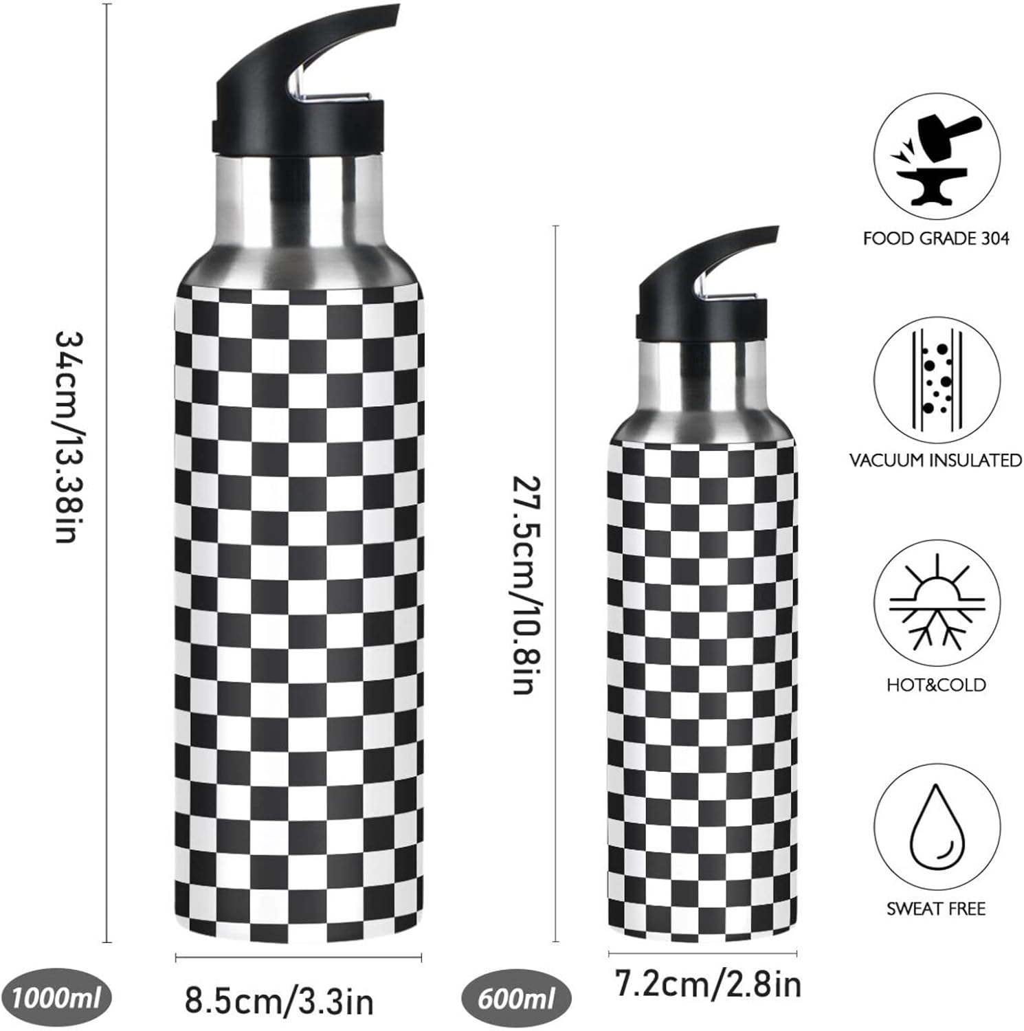 Black White Checkered Pattern Water Bottle Kids Insulated Boys Girls Stainless Steel Straw Lid 20 oz Hot Cold Water Flask School Sport - Image 5