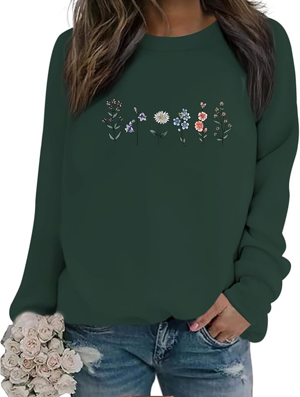 Lytiarul Flower Graphic Sweatshirt for Women Floral Printed Vintage Long Sleeves Shirt Crewneck Hoodie Loose Pullovers Tops(Green,XL)
