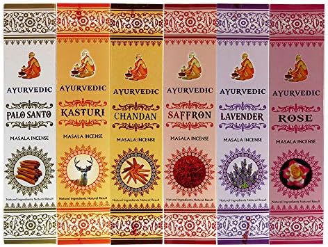 Ayurvedic Hand Rolled Incense Sticks - Palo Santo, Kastuti, Chandan, Saffron, Lavender, Rose for Prayers Meditation Relaxation Positivity Healing Room Freshener - Pack of 6 Boxes, 15 GMS Each